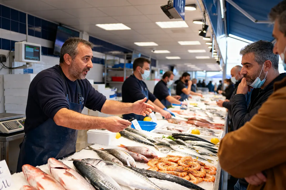 Vendeur discutant avec clients sur un étal de poissons frais dans les criées locales