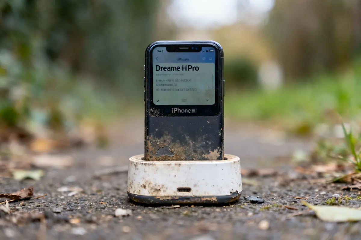 iPhone sale affichant Dreame H12 Pro problème sur une base de chargement extérieure