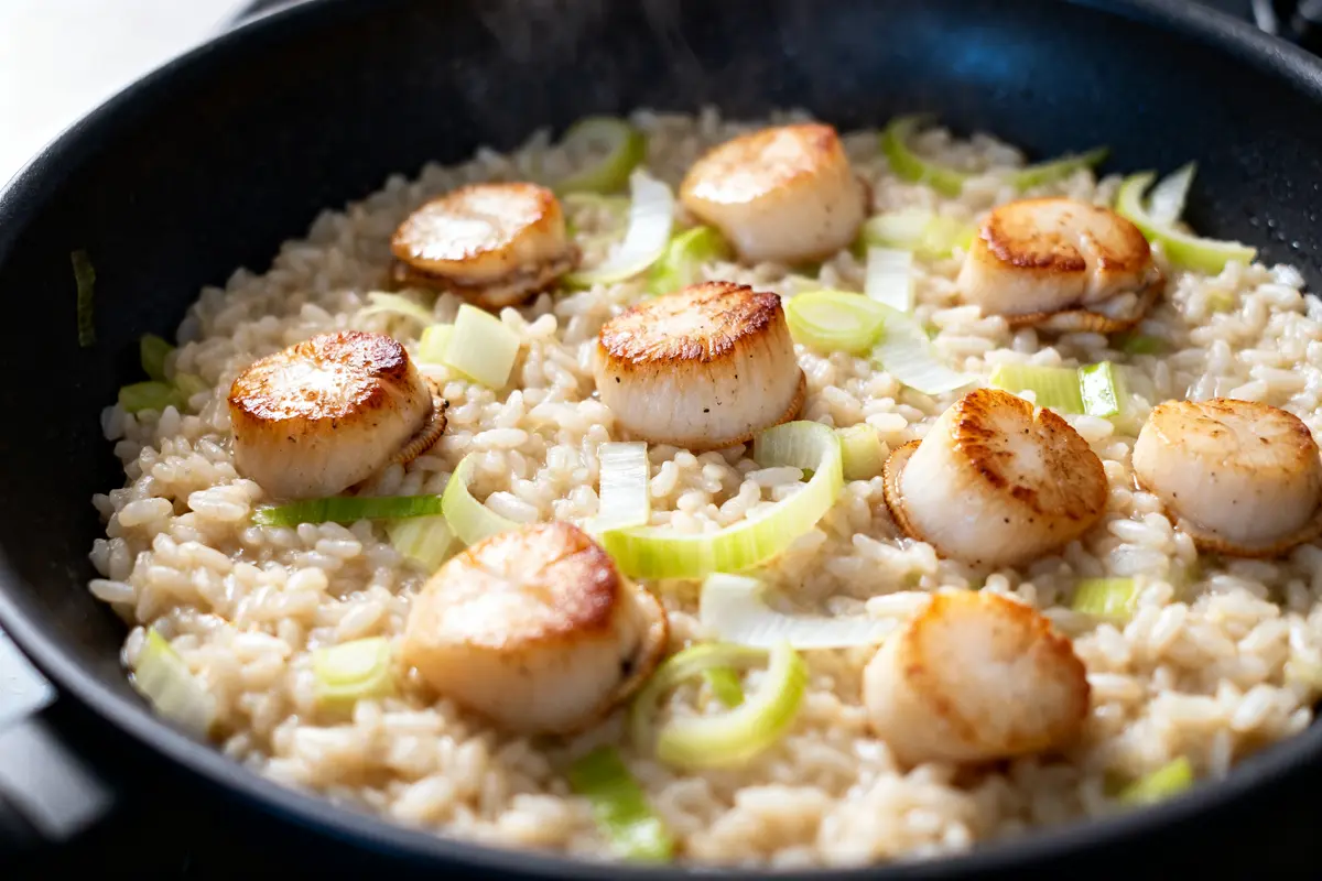 Risotto aux Saint-Jacques crémeux aux poireaux et citronnier