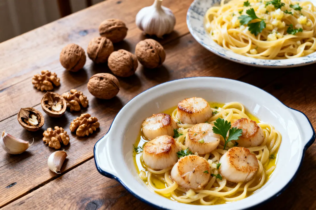 Saint-Jacques aux pâtes : recette facile aux ail &amp; persil