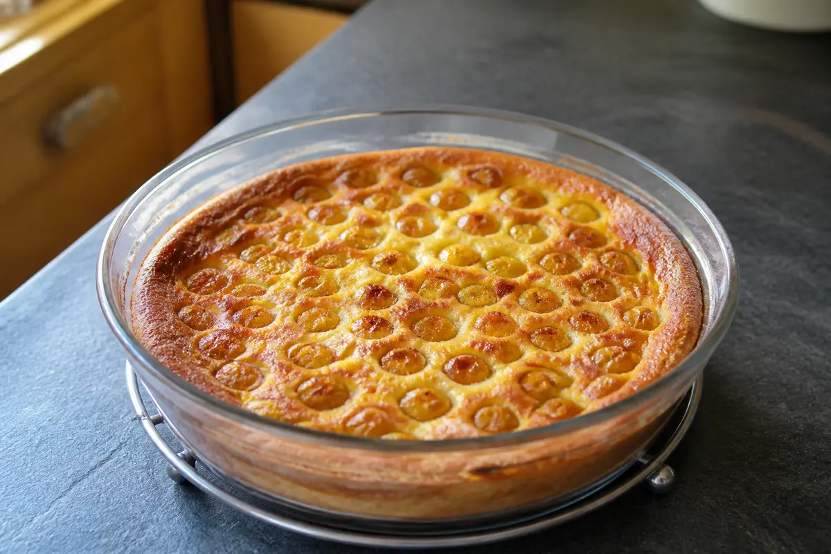 Clafoutis aux mirabelles doré dans un plat en verre, sur un plan de travail en cuisine.