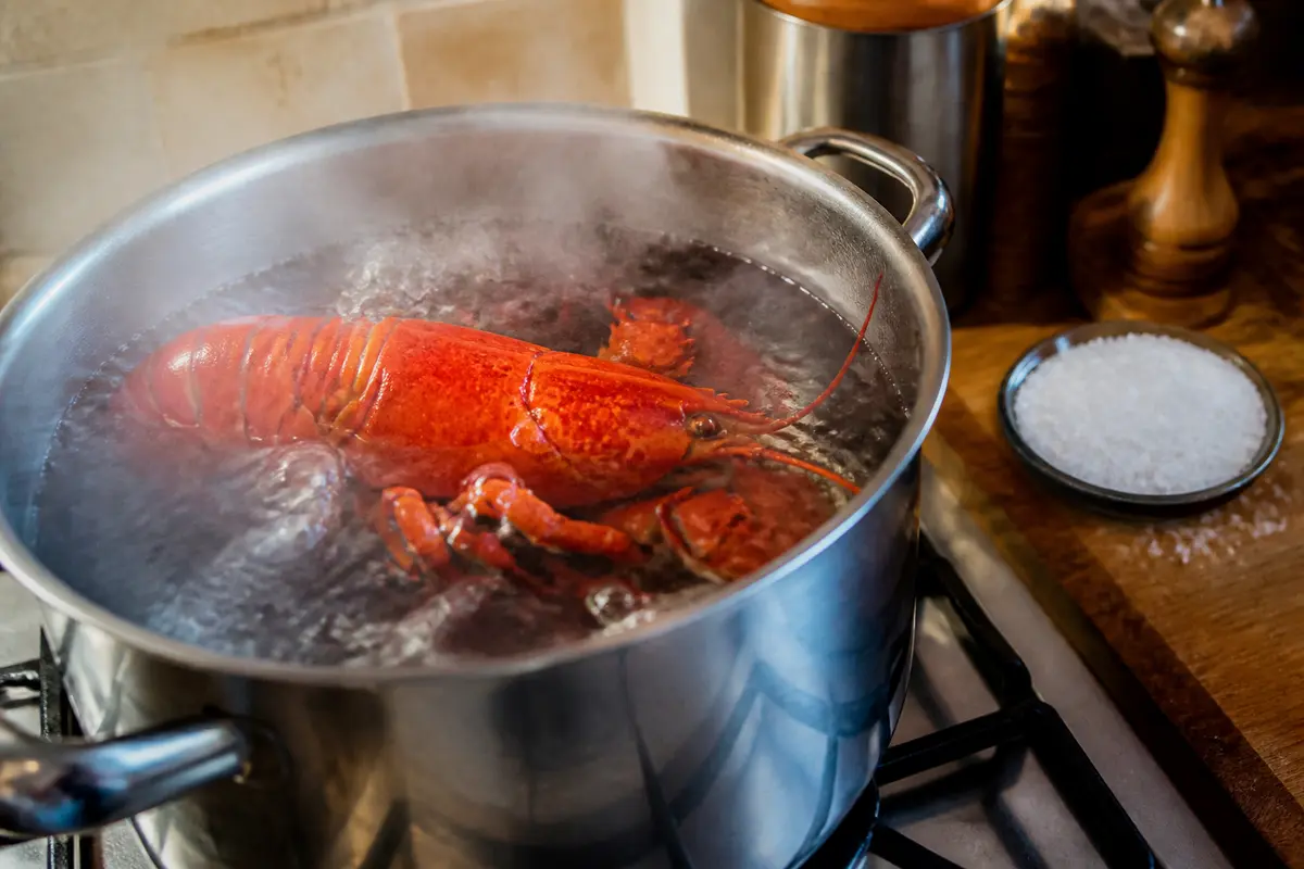 Homard rouge dans une casserole d'eau bouillante sur une cuisinière, sel à côté.