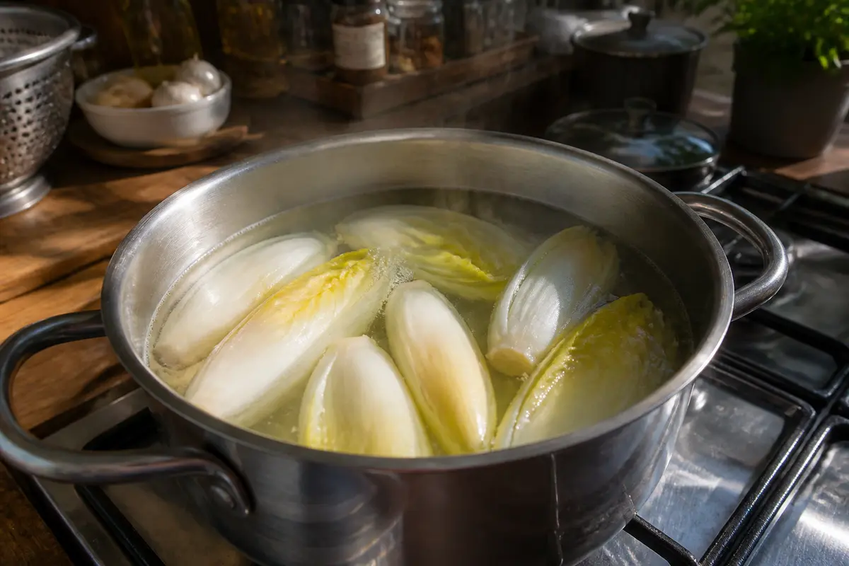 Casserole d'endives cuites à l'eau sur cuisinière, lumière naturelle, cuisine rustique.